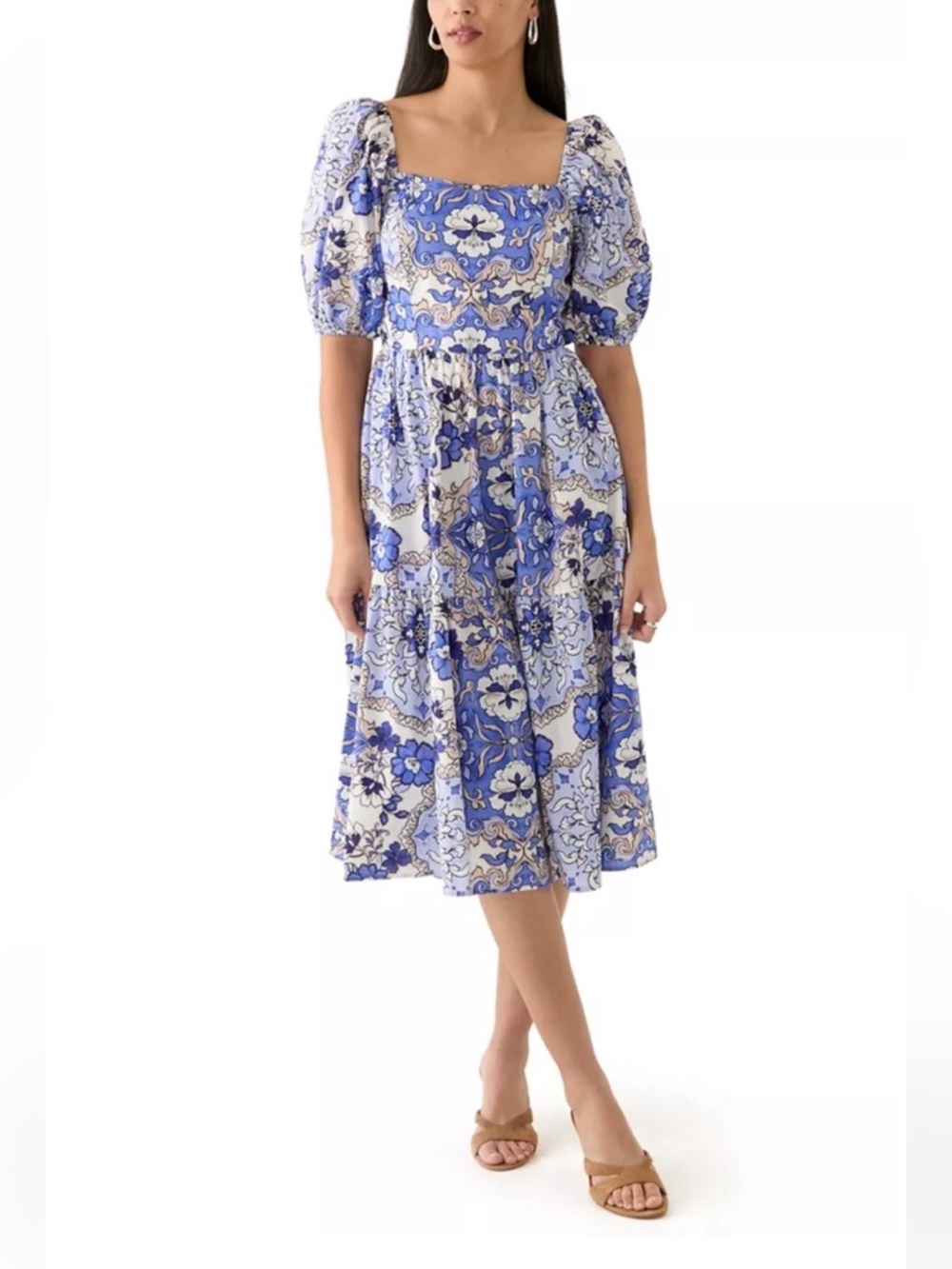 Vince Camuto Blue & White Floral Puff-Sleeve Midi Dress